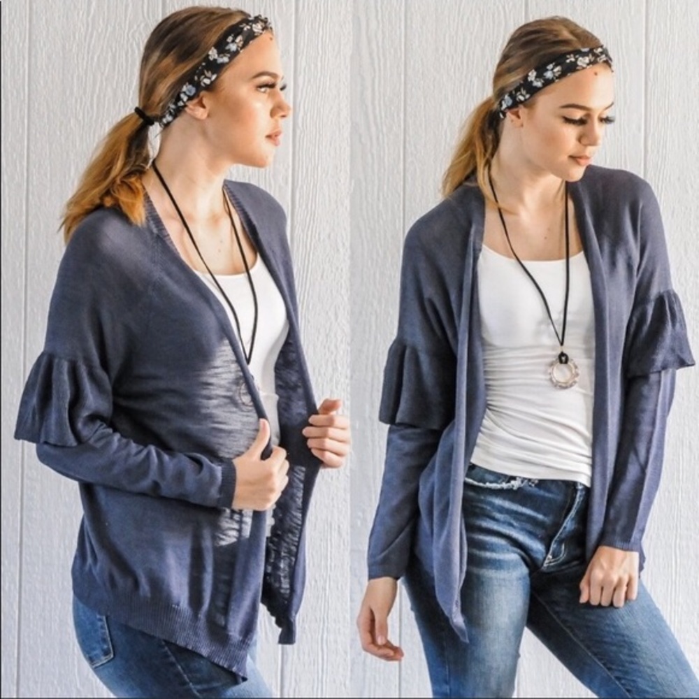 Ruffle sleeve indigo cardigan